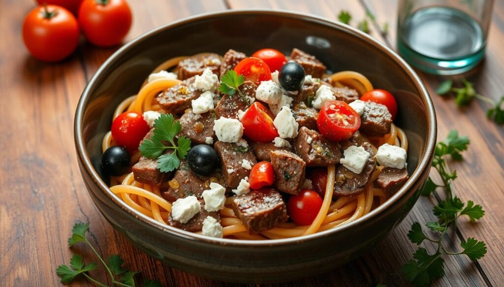 Greek-style beef pasta