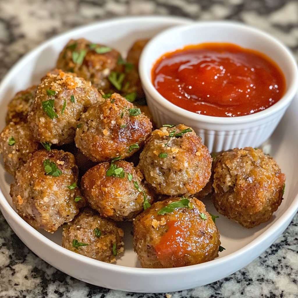 "Delicious sausage balls made without Bisquick, using almond flour, sausage, cheese, and seasonings for a healthier and customizable snack